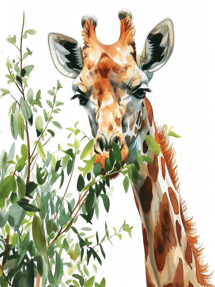 Watercolour Giraffe Head In The Leaves 3