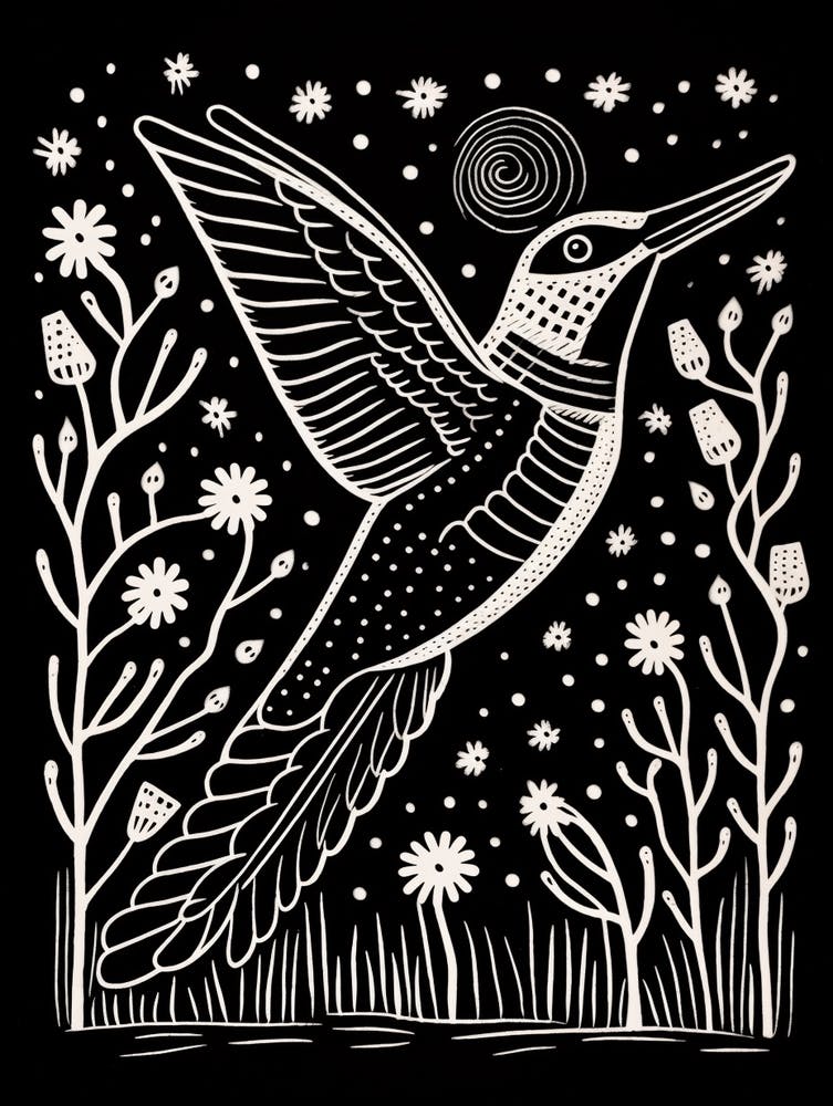 B&W Bird Linocut Kingfisher 2
