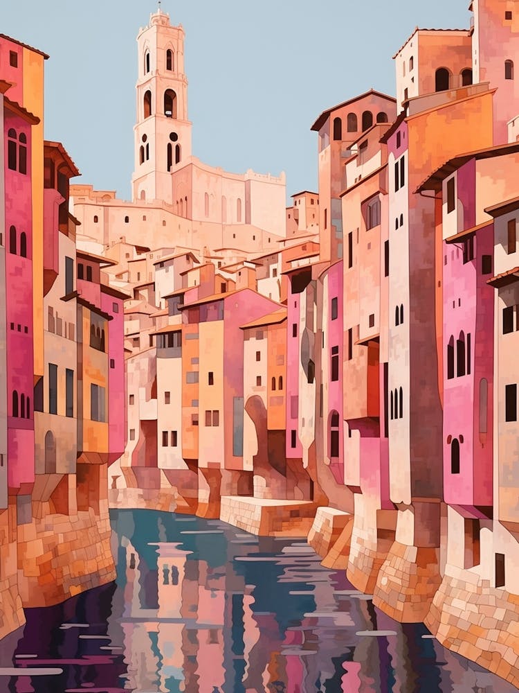 Girona Spain 3 Vintage Pink Travel Illustration