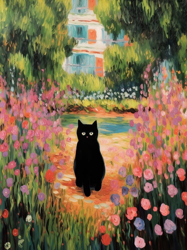 Monet Style Garden With A Black Cat 1
