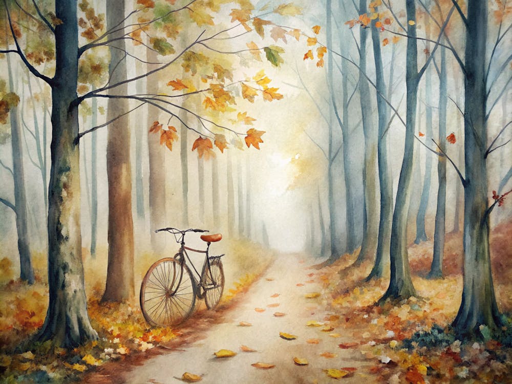A Foggy Forest Trail Golden Leaves Falling Gentl