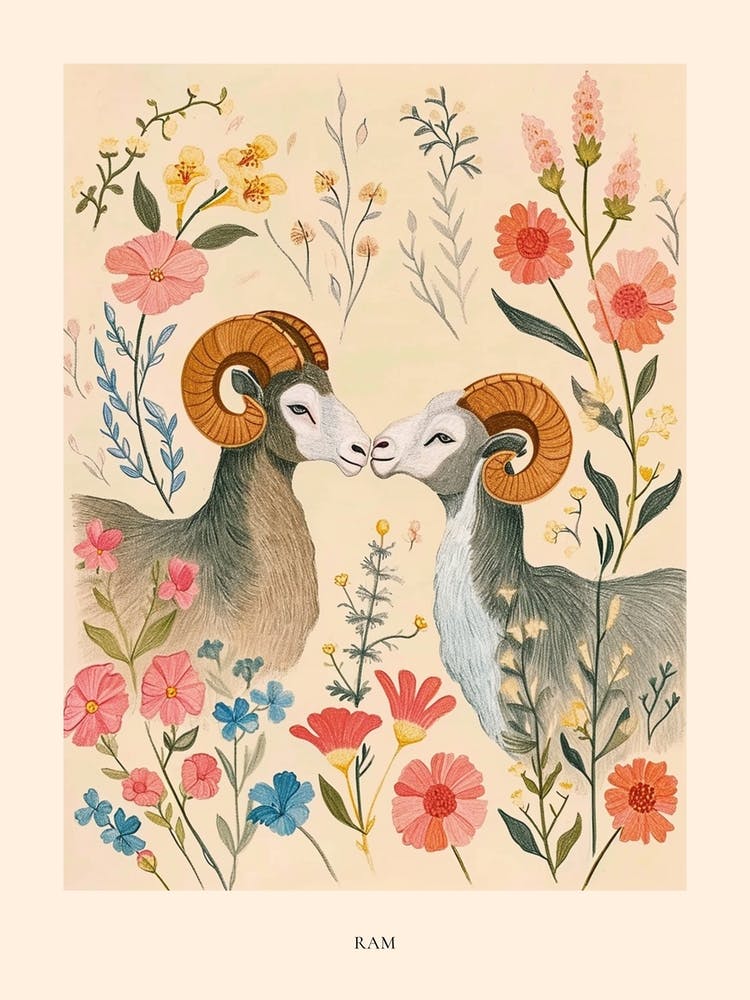 Folksy Floral Animal Drawing Ram 4 Poster
