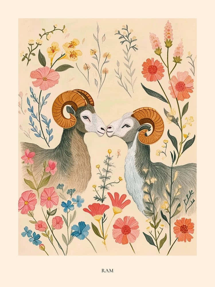 Folksy Floral Animal Drawing Ram 4 Poster