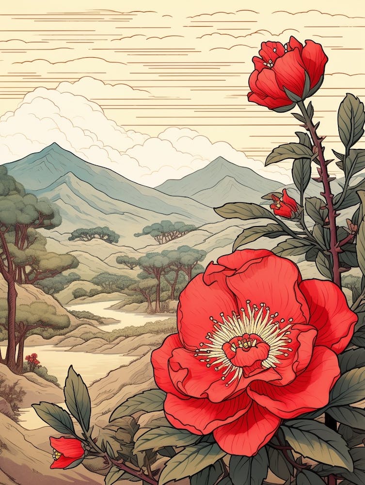 Higanatsu Red Camellia 2 Japanese Botanical Illustration