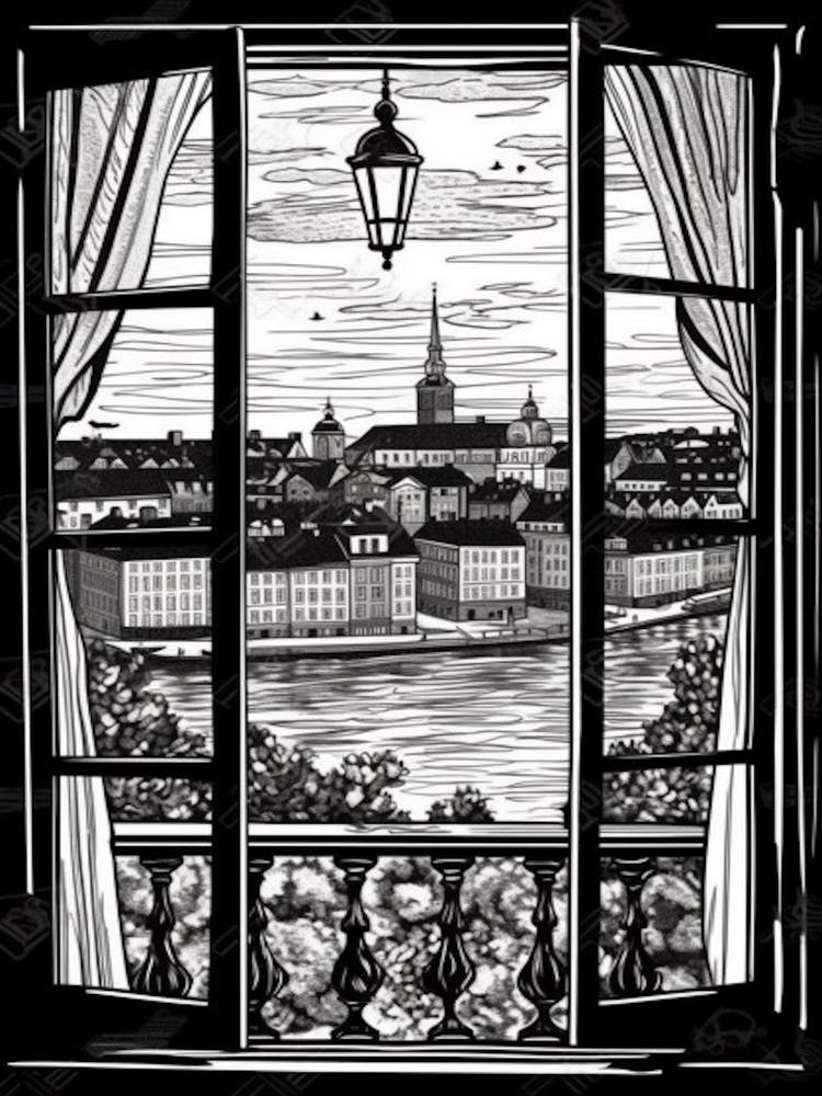 Window View Of Stockholm Sweden   Black And White Colouring Pages Line Art 4