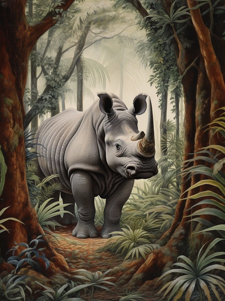 Rhino In The Shadows Of The Trees Realistic Illustration 5