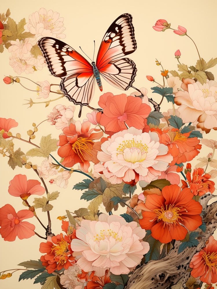 Japanese Style Painting Of A Butterfly With Flowers 1