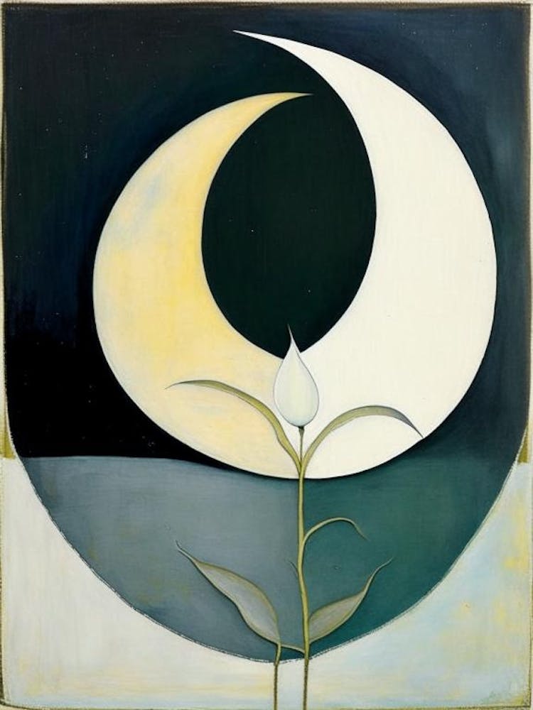 Crescent Moon And Lotus 1, Symbol Abstract Painting