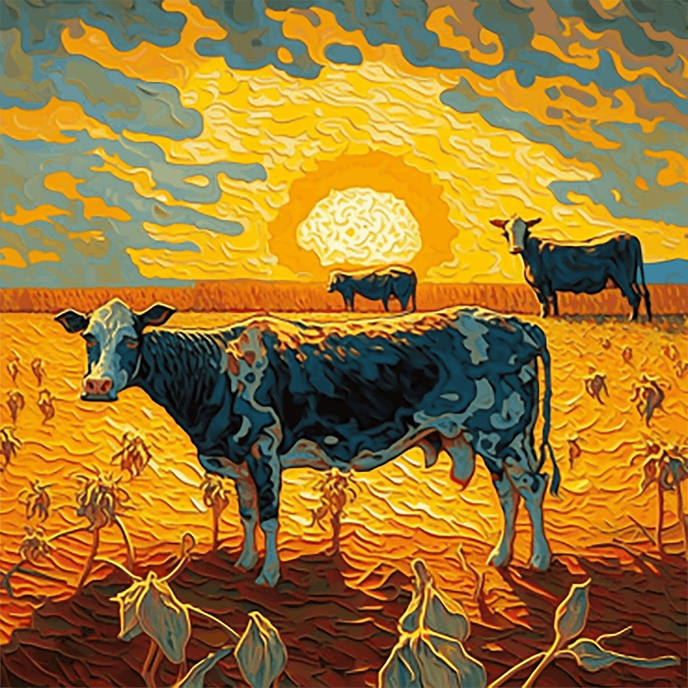 Cows In The Field At Sunset