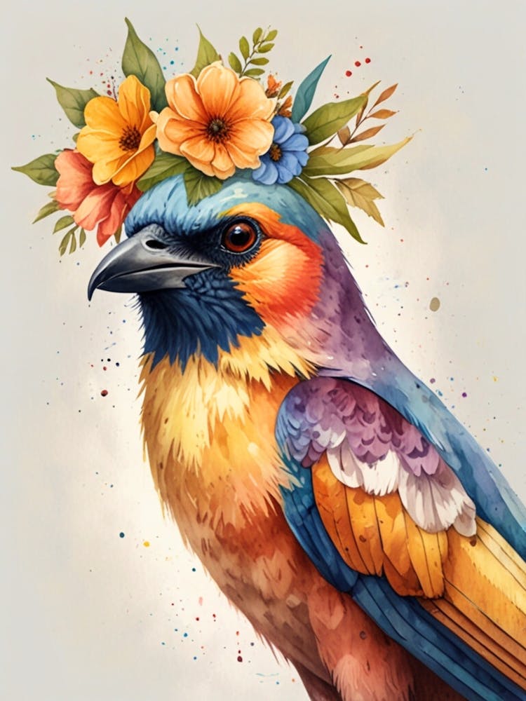 Farbenfroher Vogel mit Blumenkrone