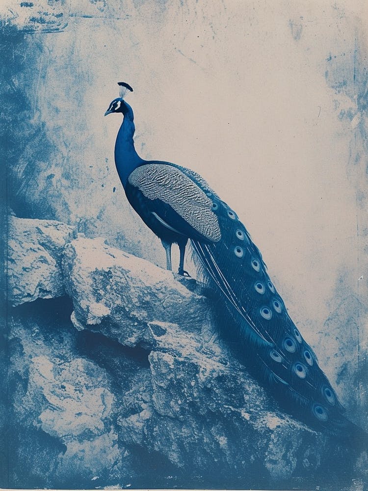 Navy Blue Peacock Portrait Cyanotype Inspired 2