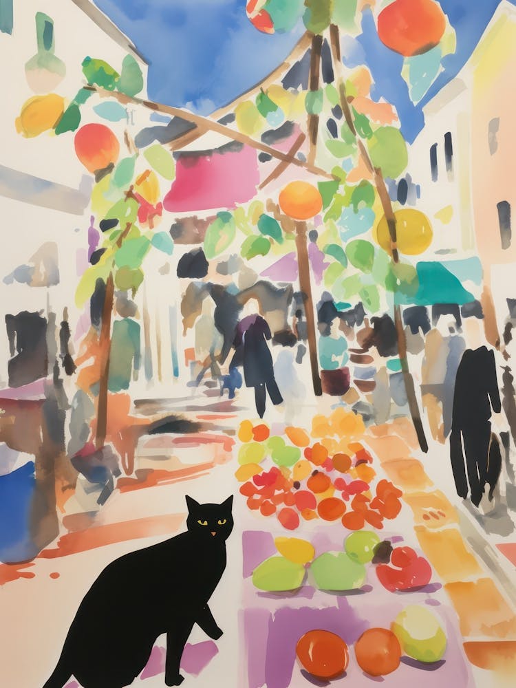 Food Market With Cats In Ibiza 2 Watercolour