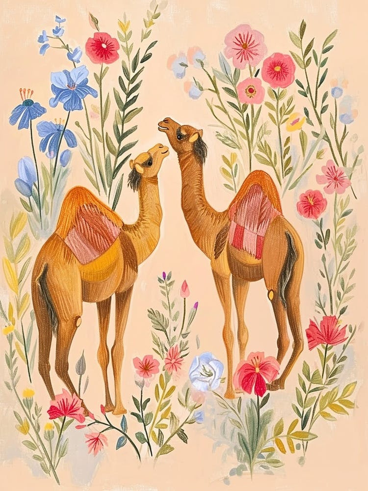 Folksy Floral Animal Drawing Camel