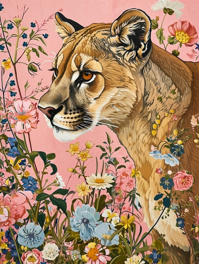 Floral Animal Painting Mountain Lion 4