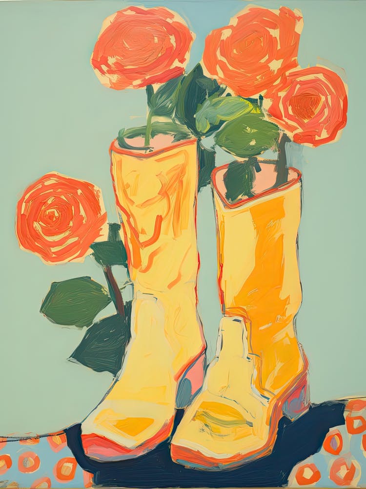 Painting Of Roses Flowers And Cowboy Boots, Oil Style 2