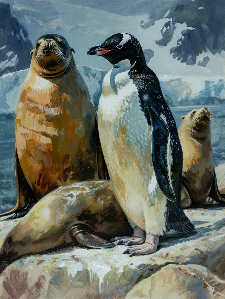 Adlie Penguin Sea Lion Island Oil Painting 1