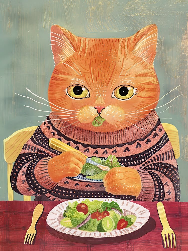 Cute Brown Cat Eating Salad Folk Illustration 2