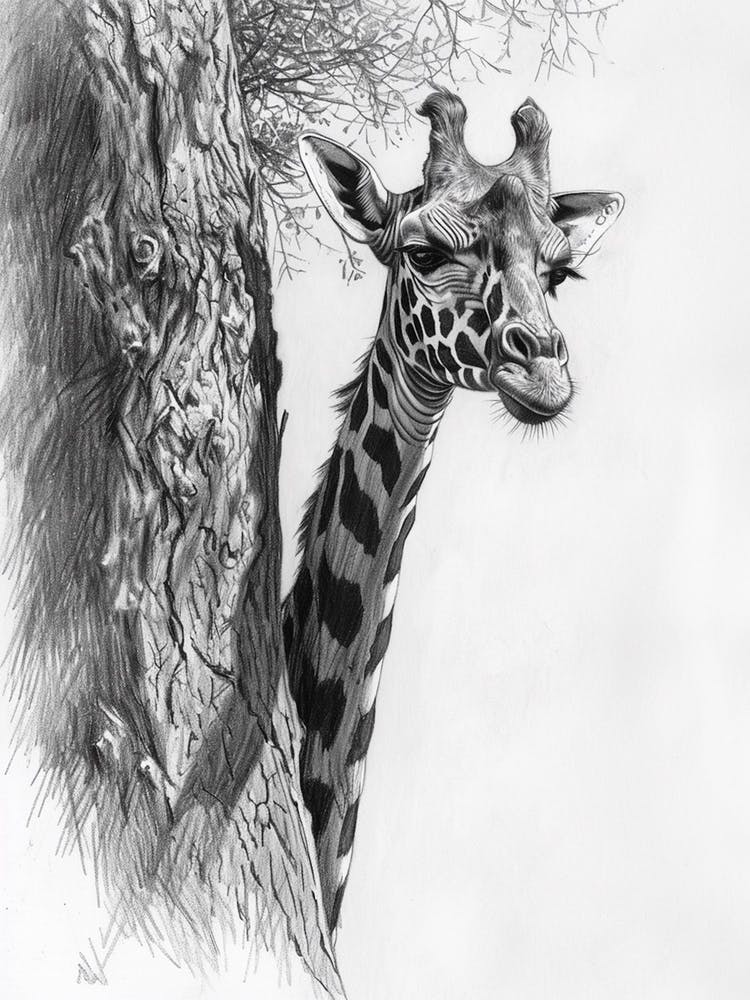 Giraffe Scratching Against A Tree Pencil Drawing 3