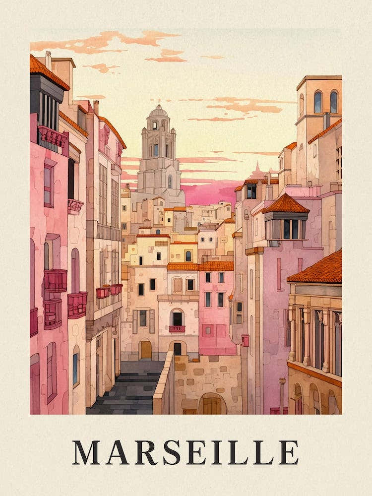Marseille France 6 Vintage Pink Travel Illustration Poster