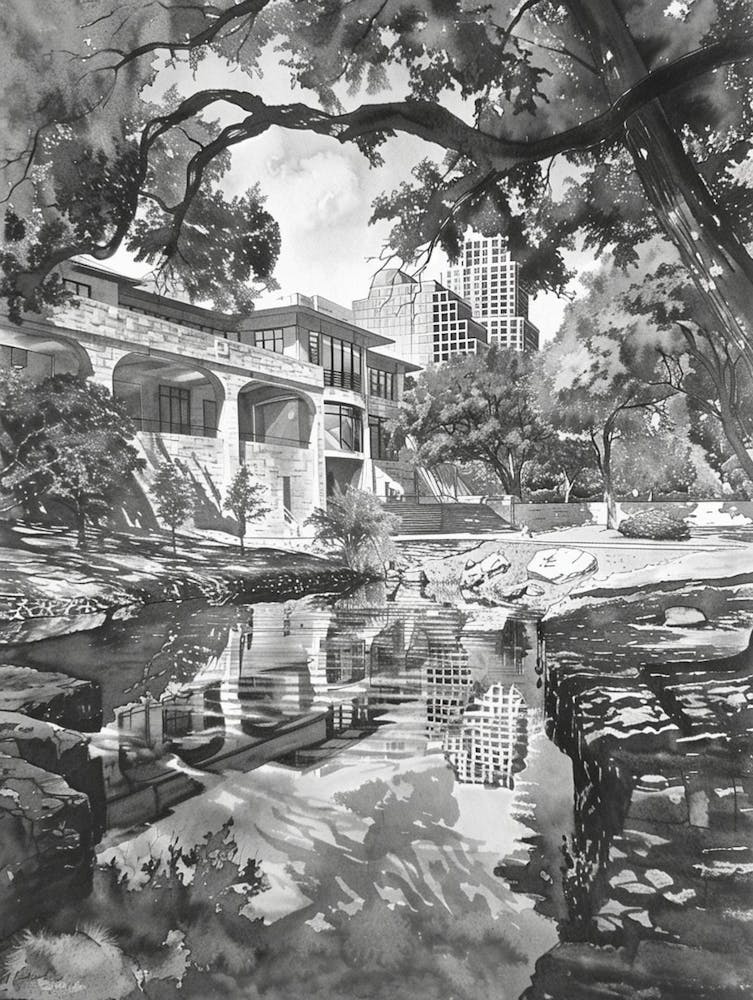 Memorial Museum Austin Texas Black And White Watercolour 2