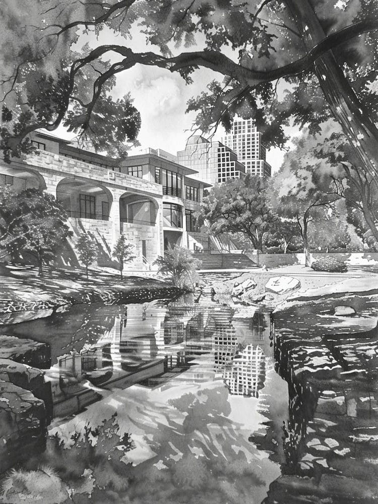 Memorial Museum Austin Texas Black And White Watercolour 2
