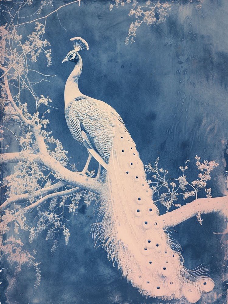 White & Blue Cyanotype Inspired Peacock
