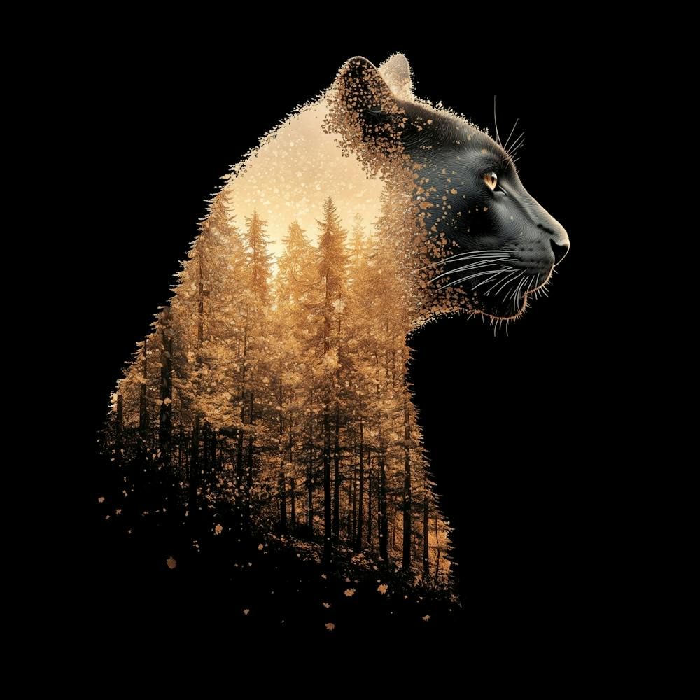 A Double Exposure Portrait Of A Majestic Black Panther In Profile Against The Backdrop Of Dense Jungle And A Sunrise Sky