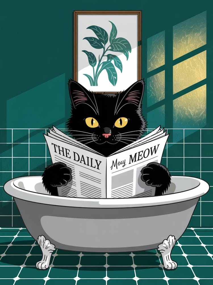Black Cat Reading Newspaper In Bathtub 1