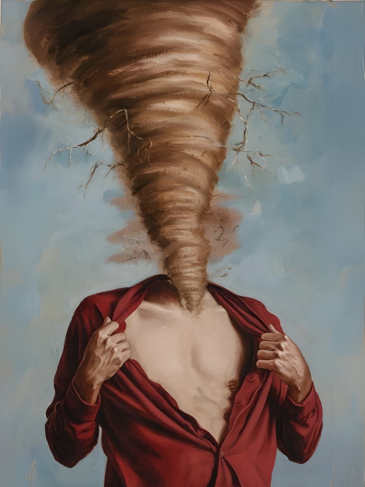 Painting That Depicts A Surreal Scene Where A Person S Head A Tornado