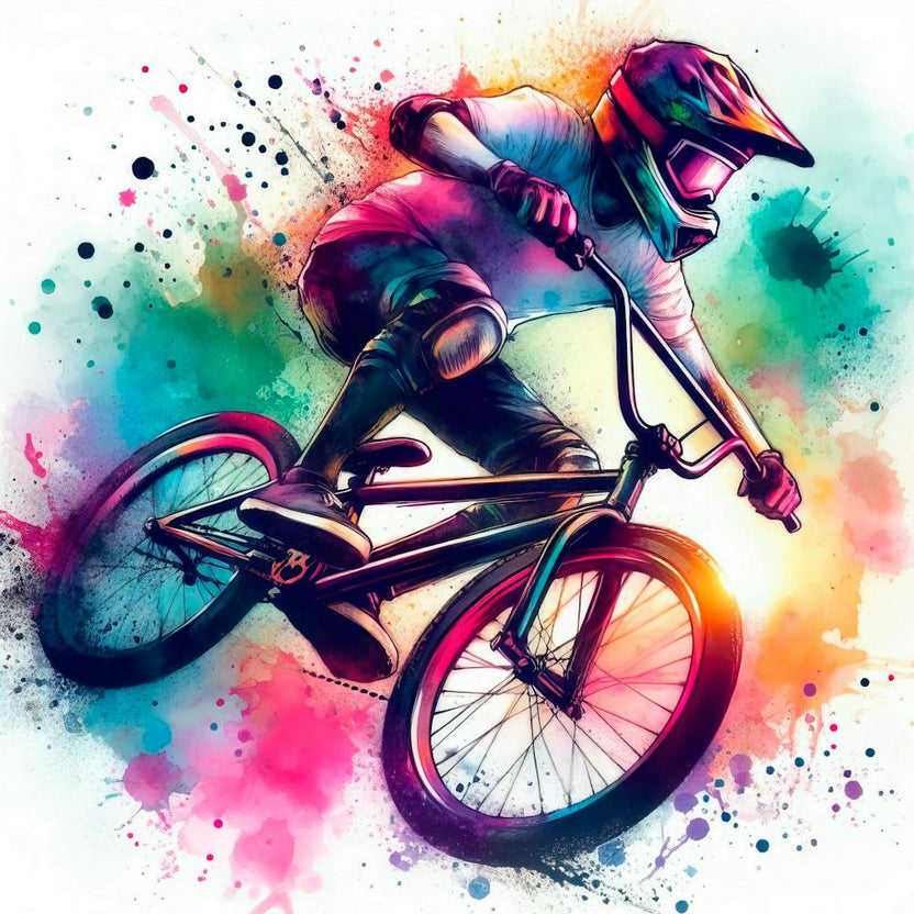 Vibrant Art Of A Cycling Bmx Racing Player In Action With Watercolor Splashes And Ink Drops 3