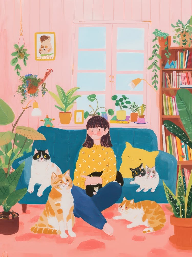 Girl Cat Lover Lo Fi Kawaii Illustration 4