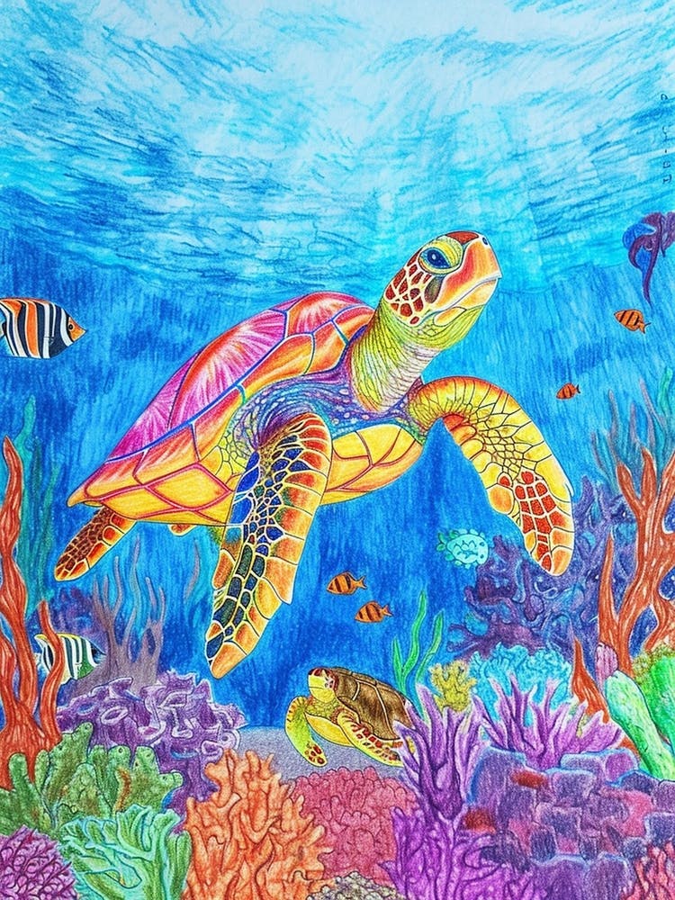 Colourful Sea Turtle Exploring Deep Into The Ocean Crayon Doodle 2