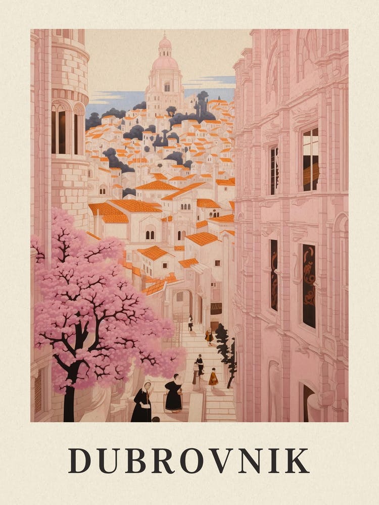 Dubrovnik Croatia 4 Vintage Pink Travel Illustration Poster