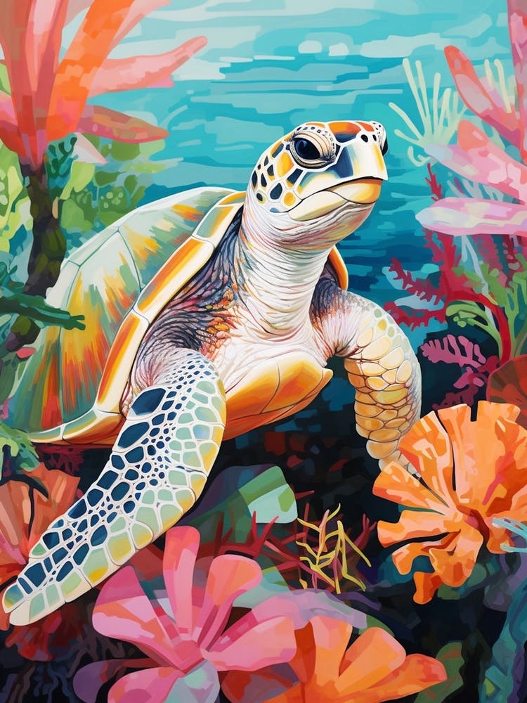 Vivid Pastel Turtle With Aquatic Plants 2