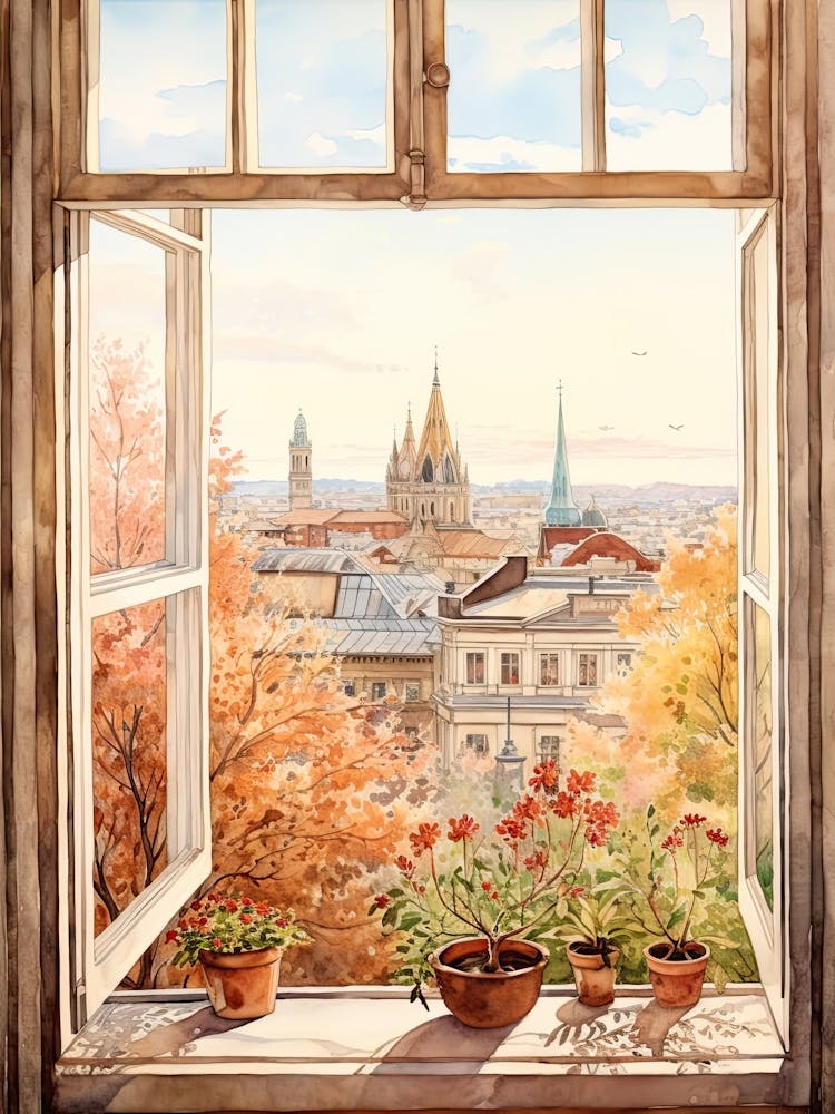 Window View Of Zagreb Croatia In Autumn Fall, Watercolour 1