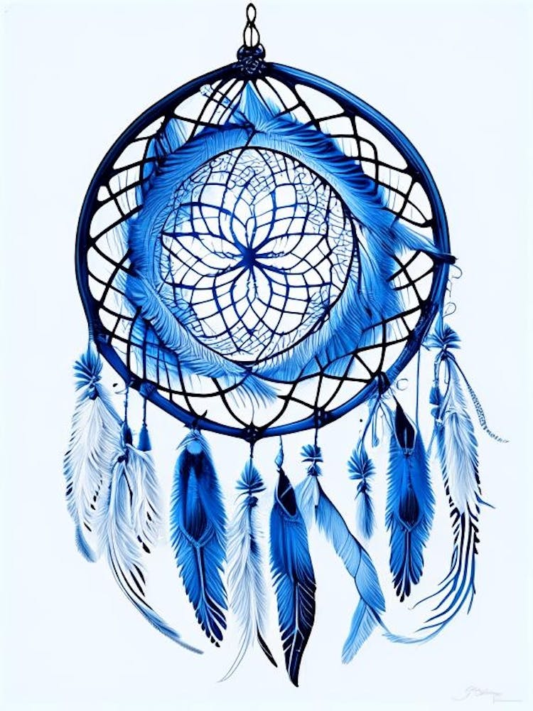 Dreamcatcher Symbol Blue And White Line Drawing