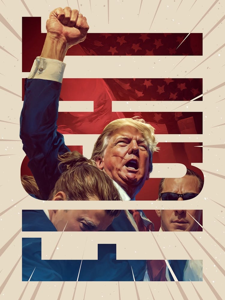 Trump Fight Art - Typography art piece of Donald Trump with fist raised, embodying the fight for freedom. Iconic and trending, this artwork captures the motivation for his 2024 USA campaign.