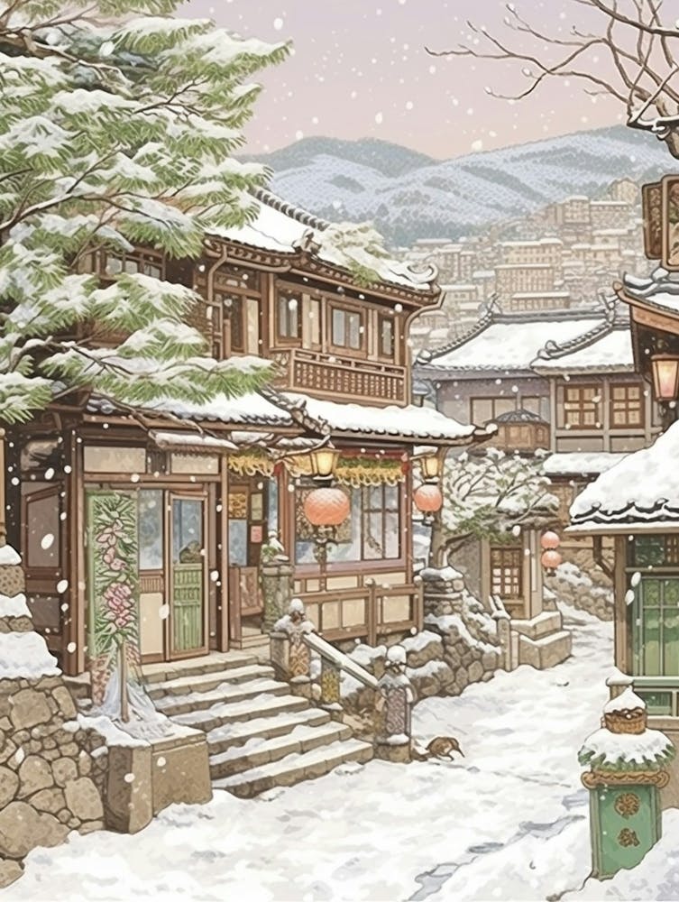 Vintage Winter Illustration Kyoto Japan 3