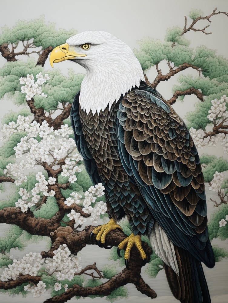 Ohara Koson Inspired Bird Painting Bald Eagle 1
