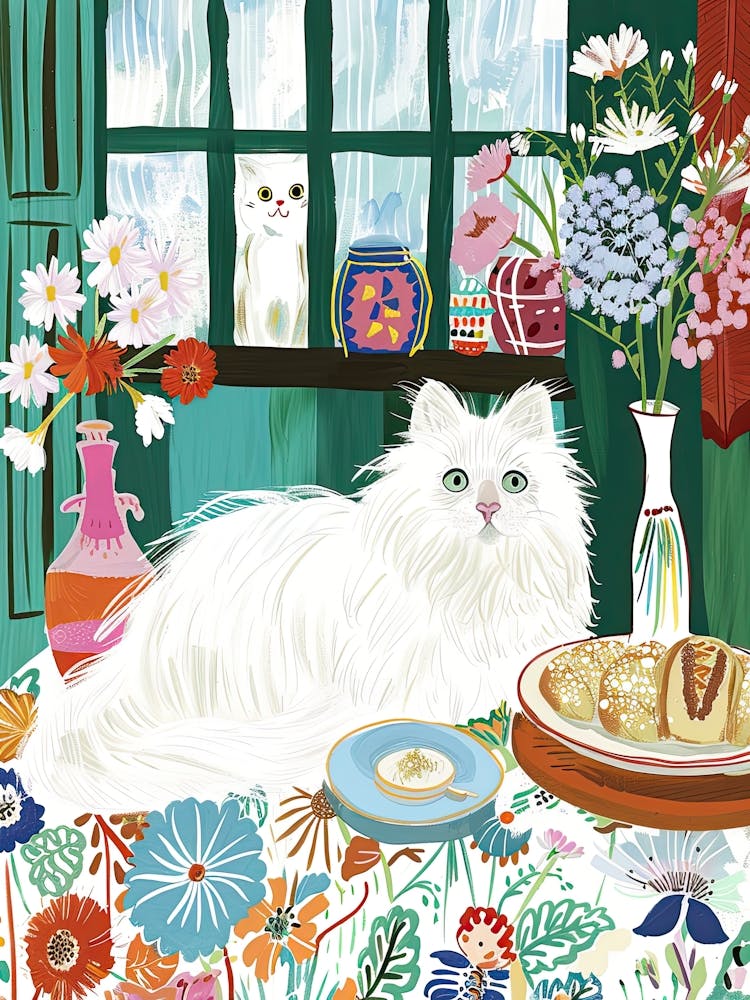 Tea Time With A White Fluffy Cat 2