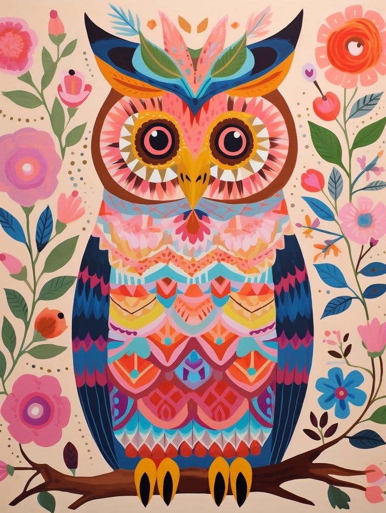 Pink Scandi Great Horned Owl 2