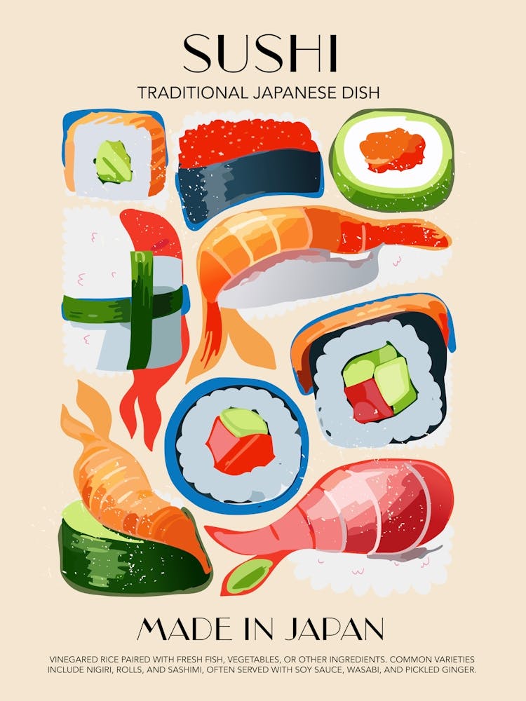 Sushi Print Kitchen Art Kitchen Poster Food Art Mid Century Modern Japan Print