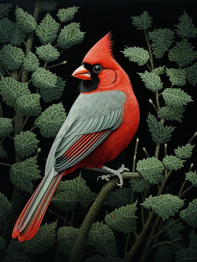 Cardinal 1 - Peinture d'oiseau inspirée par Ohara Koson