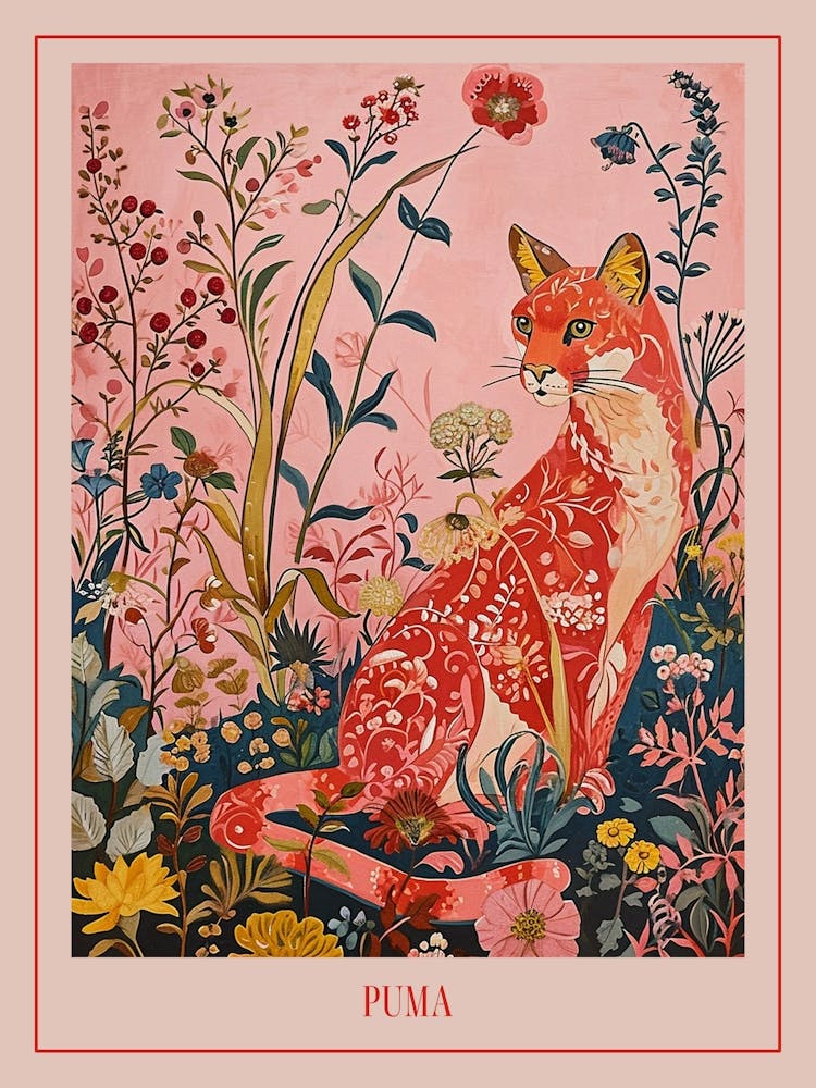 Floral Animal Painting Puma 3 Poster