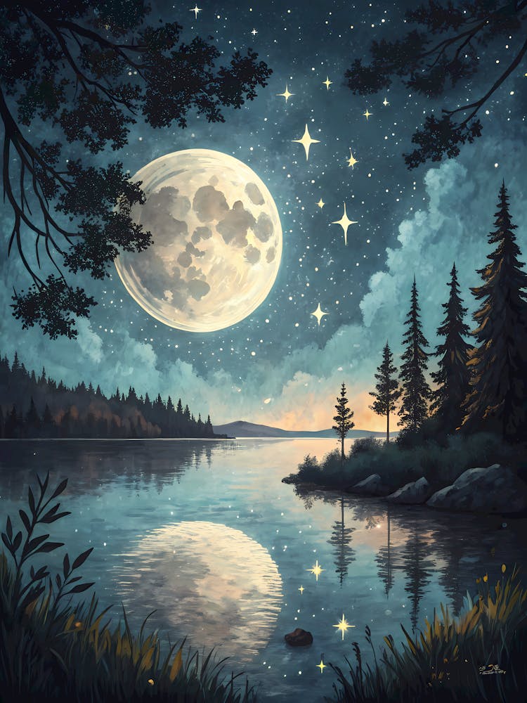 Oil Painting Style Moonlit Lake Reflection Starry Night Forest Landscape