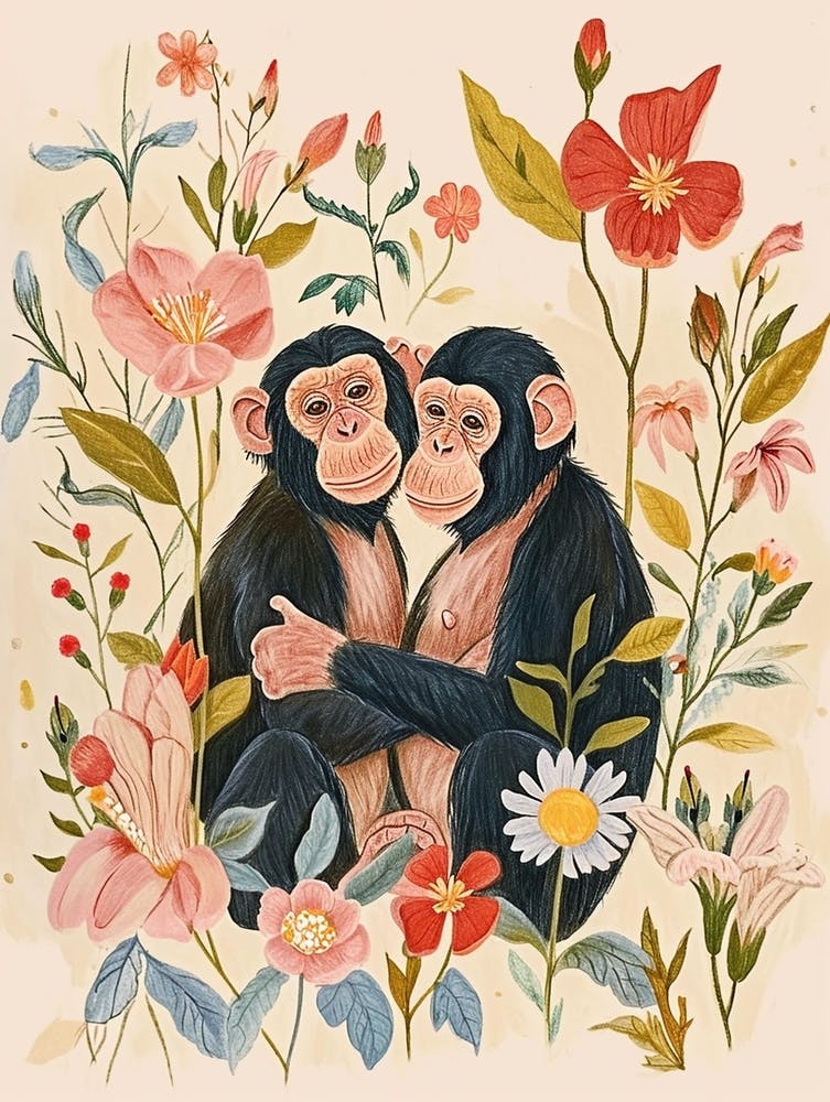 Folksy Floral Animal Drawing Chimpanzee 2