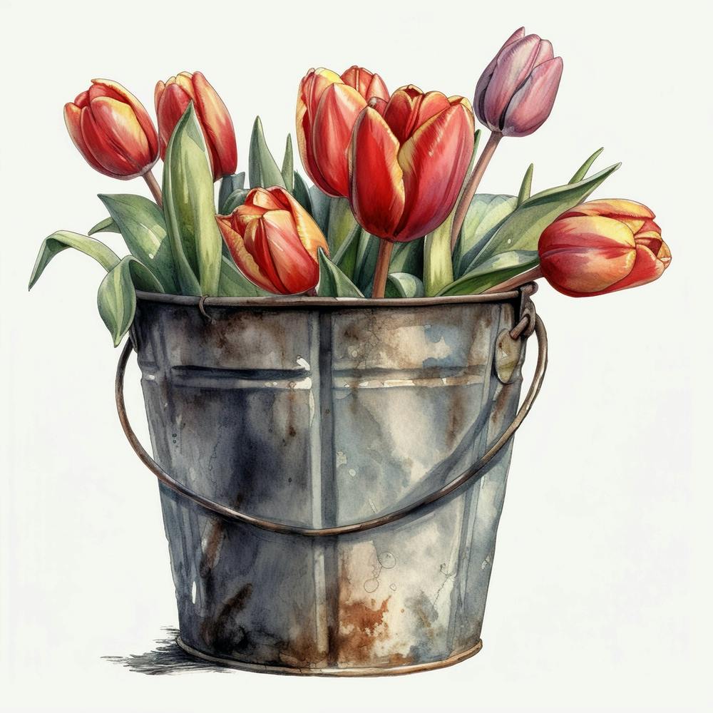 Tulips In A Metal Bucket