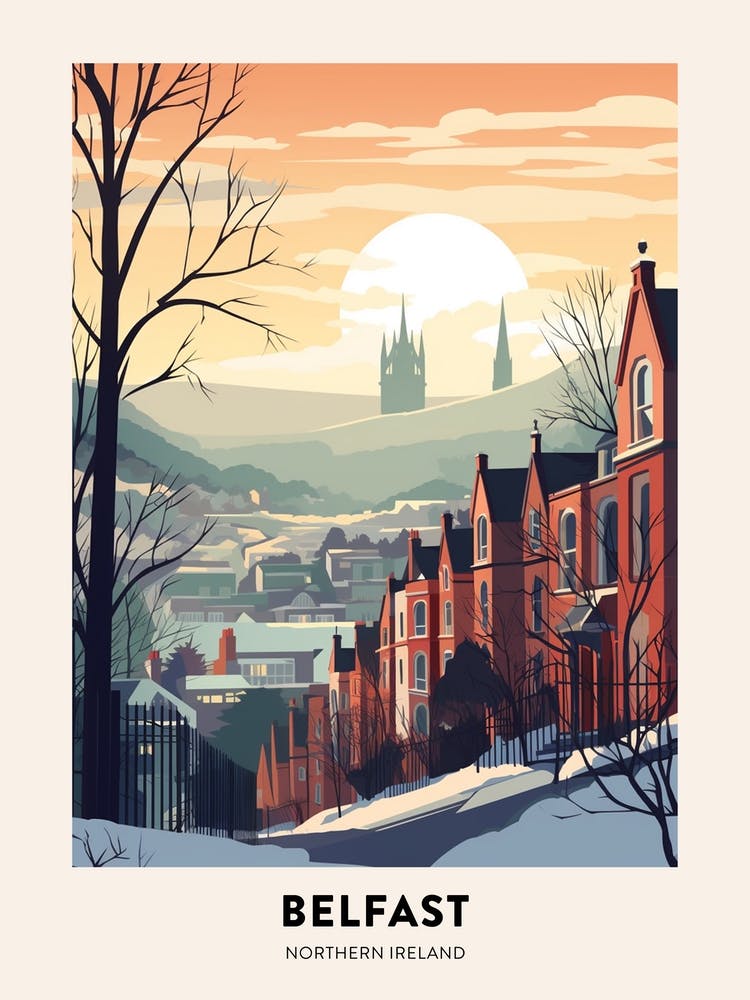 Vintage Winter Travel Poster Belfast Northern Ireland