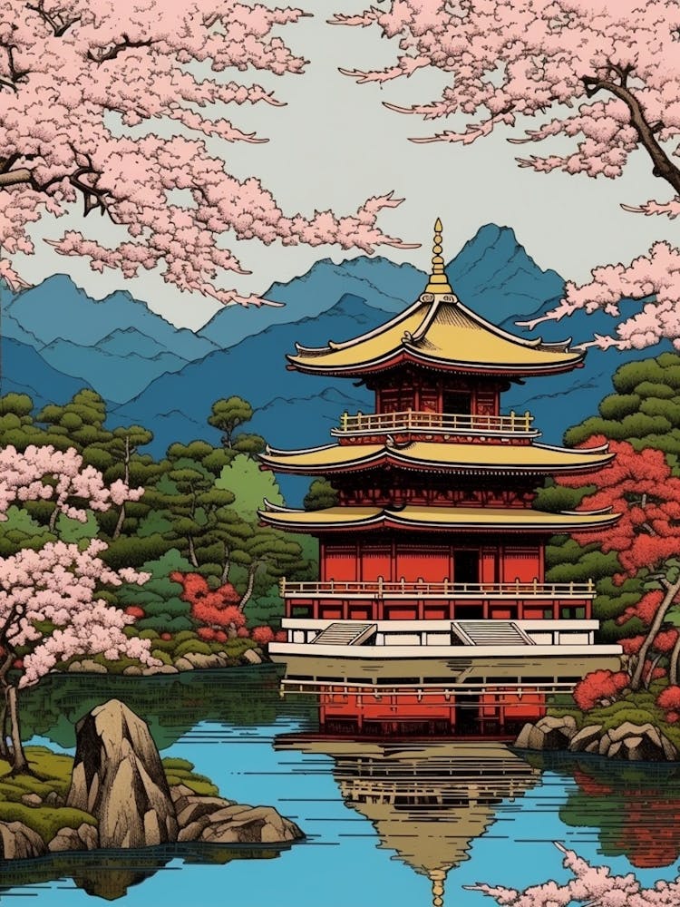Byodo In Temple, Japan Vintage Travel Art 1