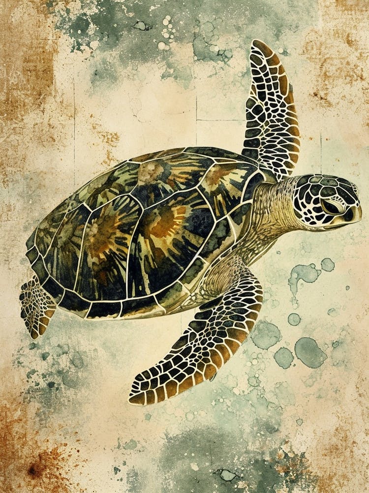 Vintage Green Sea Turtle Painting 2
